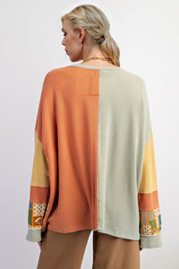 Waffle-Knit Color Block Long Sleeve Sweatshirt