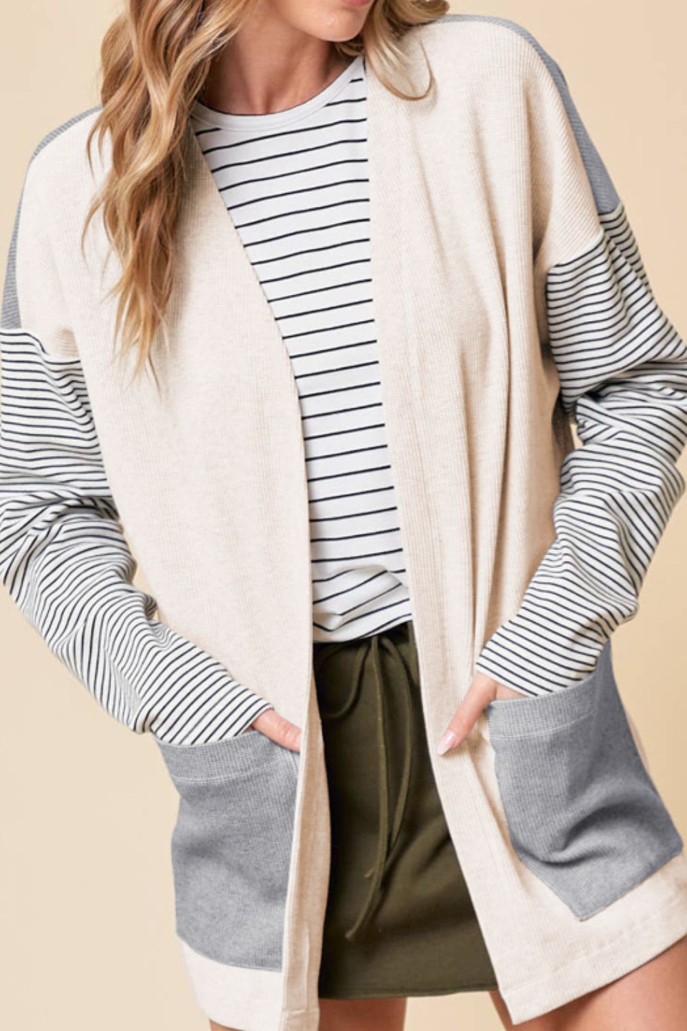 Hazel Blues® |  Open Front Long Sleeve Striped Cardigan with Pockets