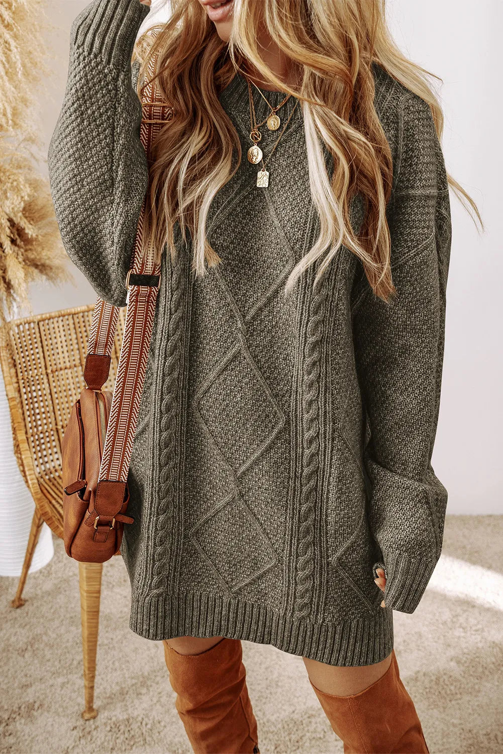 Hazel Blues® |  Cable-Knit Round Neck Sweater Dress