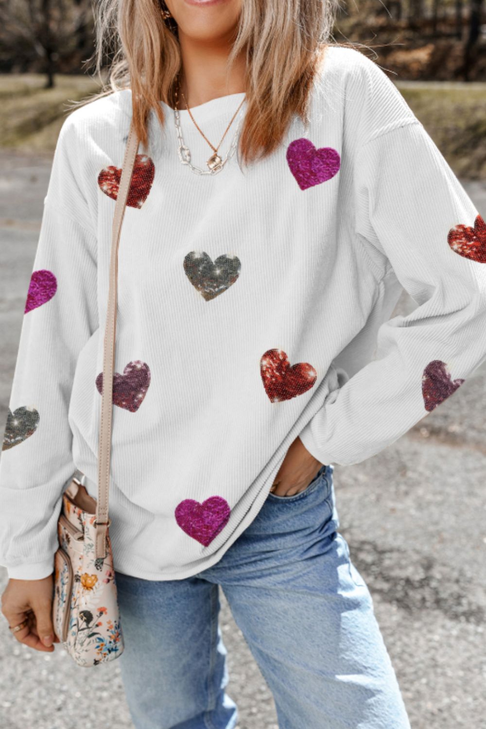 Hazel Blues® |  Valentine’s Day Sequin Heart Round Neck Long Sleeve Sweatshirt