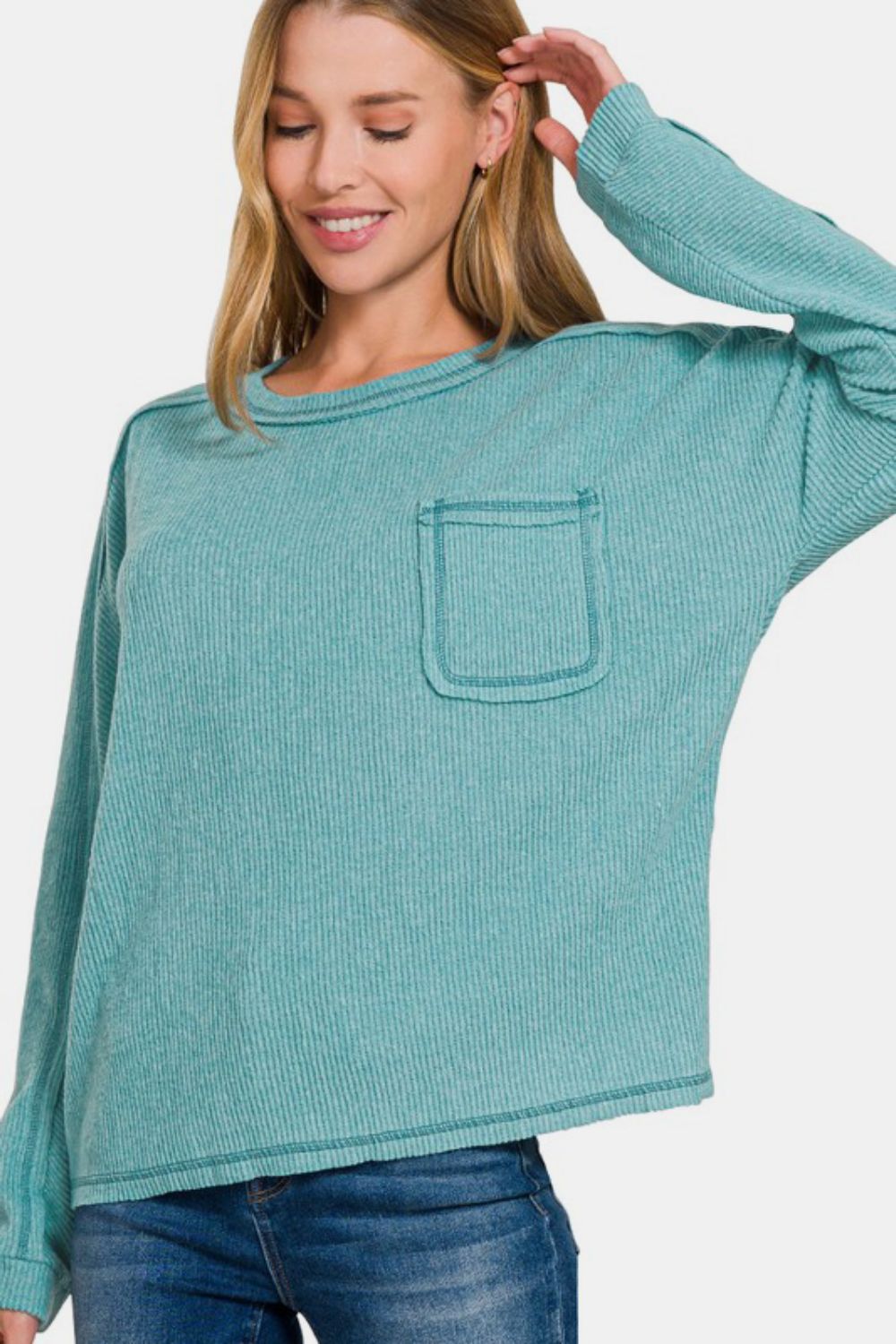 Hazel Blues® |  Zenana Contrast Stitching Brushed Ribbed Hacci Knit Top Plu Size