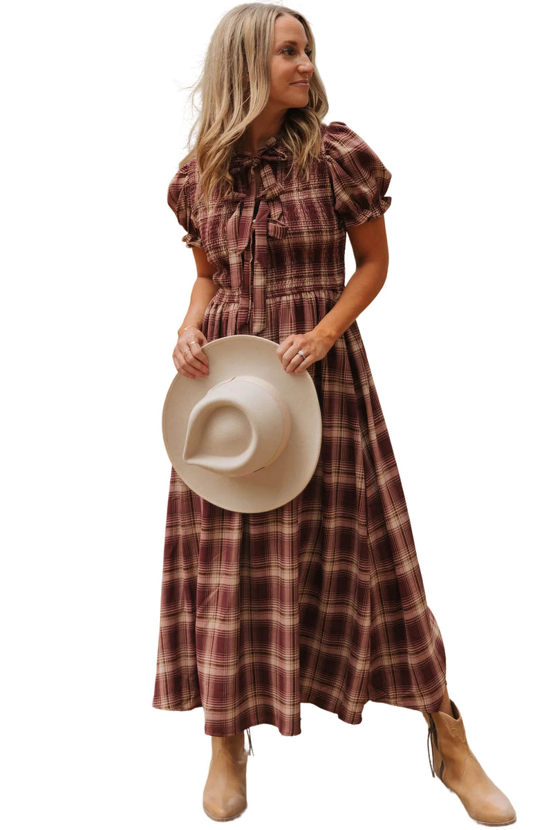 empire waist midi dress in plaid GUACER Women's Plaid Tiered Midi Dress Casual V-Neck Short Sleeve Empire  Waist A-line Sun Dress with Ruffle Hem