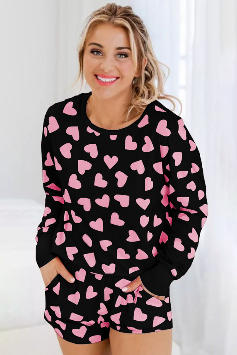 Hazel Blues® |  Heart Print Long Sleeve Top and Shorts Lounge Set