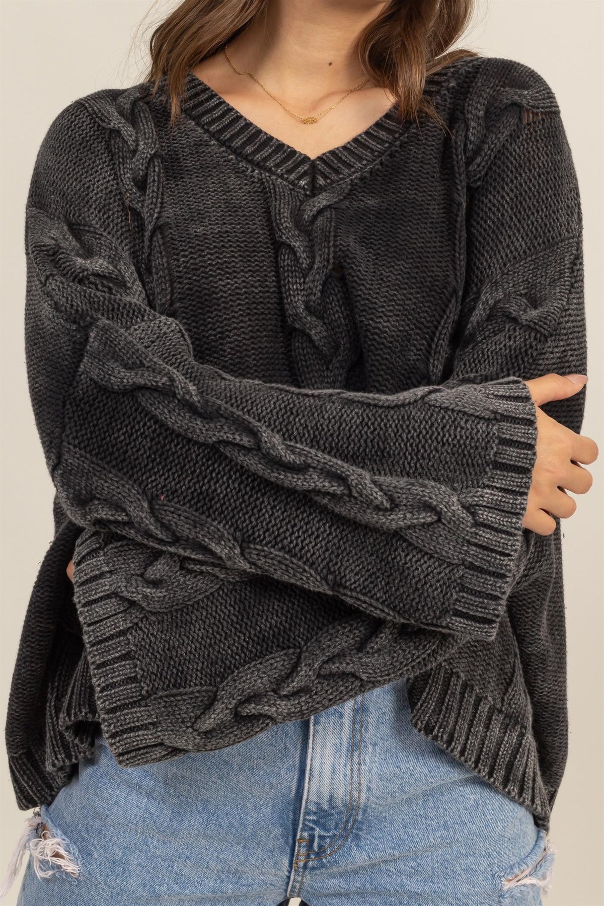 Hazel Blues® |  HYFVE Cable Knit V-Neck Dropped Shoulder Oversized Sweater