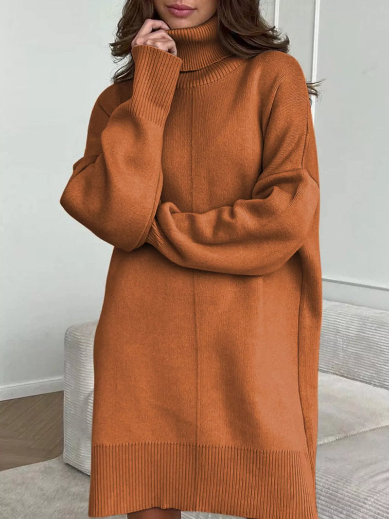 Solid Color Turtleneck Drop Shoulder Loose Sweater Dress Caramel / M