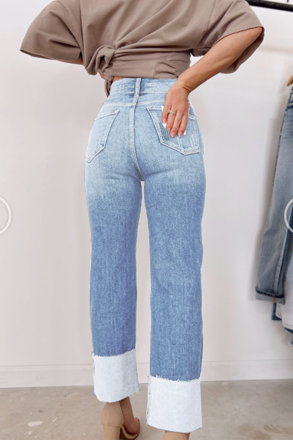 Sky Blue Distressed High-Rise Straight-Leg Jeans