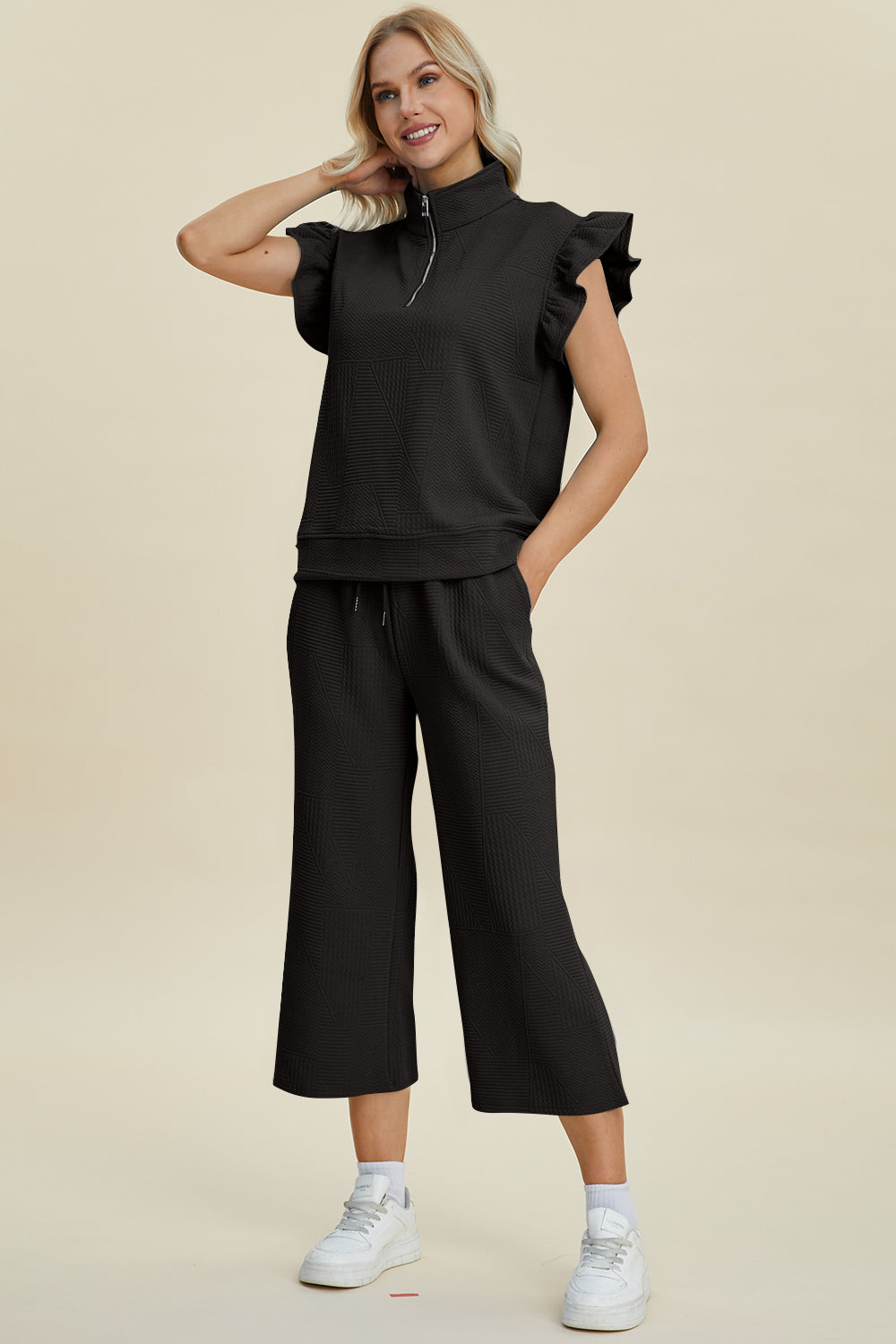 Hazel Blues® |  Double Take Texture Ruffle Short Sleeve Top and Wide Leg Pants Set