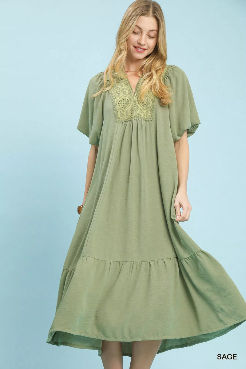 Umgee Puff Sleeve Midi Dress with Lace Detail Sage / L