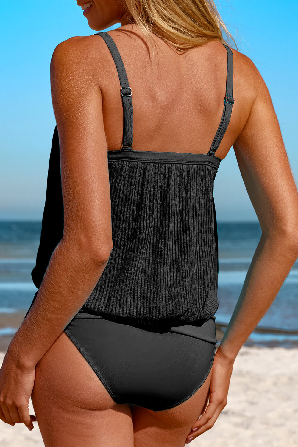 Hazel Blues® |  Black Striped Mesh Knotted Hem Tankini Swimsuit