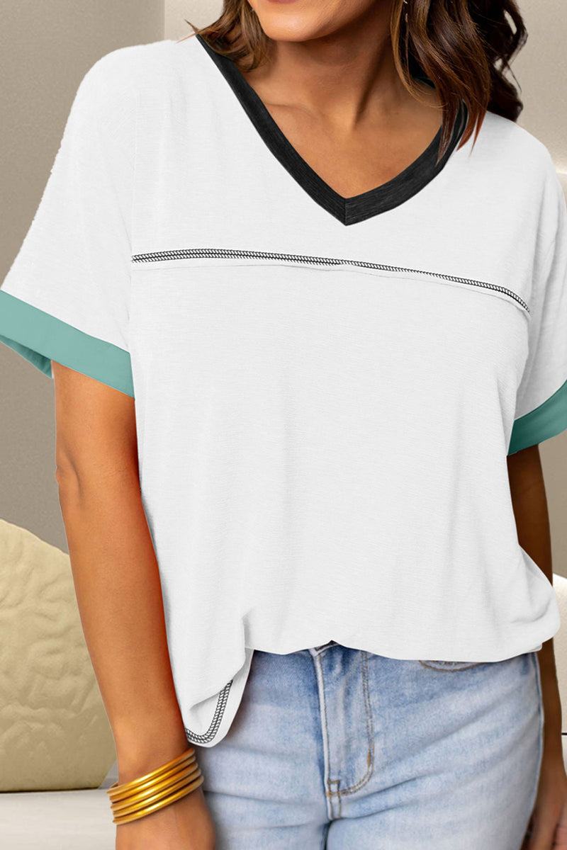 Hazel Blues® |  Color Block V-Neck Short Sleeve T-Shirt