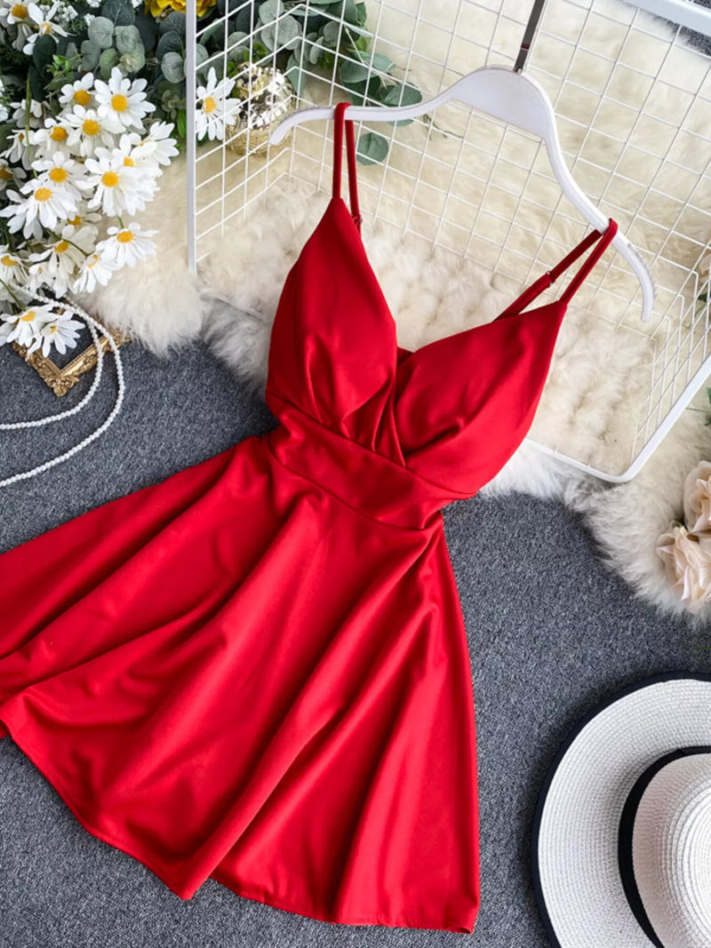 Short Classy Short Red Silk Dress Surplice Spaghetti Strap Mini Dress   Hazel Blues