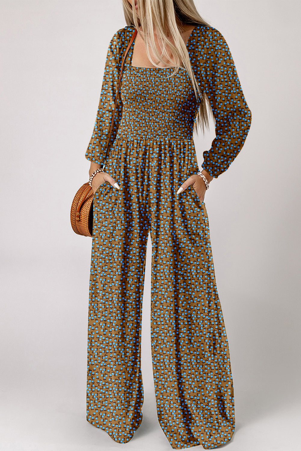 Hazel Blues® |  Brown Floral Print Western Smocked Bodice Square Neck Wide Leg Jumpsuit