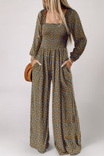 Hazel Blues® |  Brown Floral Print Western Smocked Bodice Square Neck Wide Leg Jumpsuit