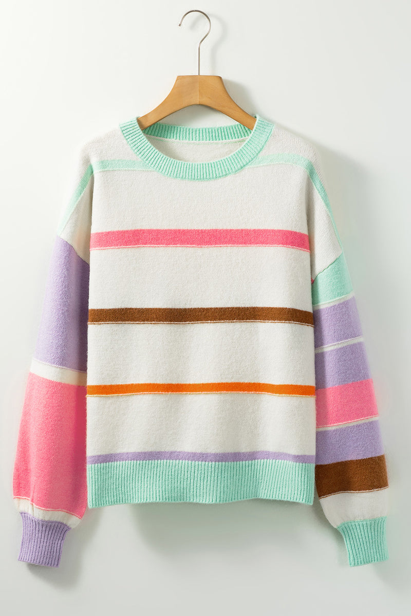 Hazel Blues® |  Contrast Striped Round Neck Drop Shoulder Sweater