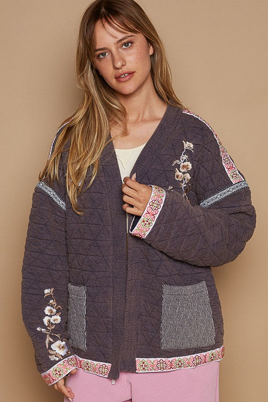 Hazel Blues® |  POL Embroidered Open Front Long Sleeve Jacket