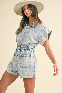 Hazel Blues® |  Annie Wear Elastic Waistband Short Sleeve Denim Romper