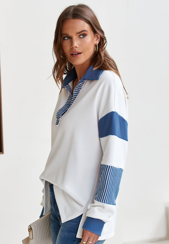 Hazel Blues® |  Color Block Johnny Collar Long Sleeve Sweatshirt