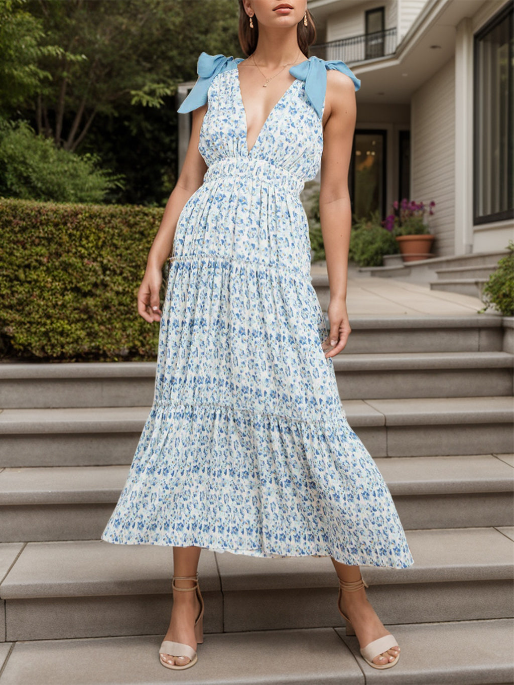 Hazel Blues® |  Tied Floral Plunge Sleeveless Dress