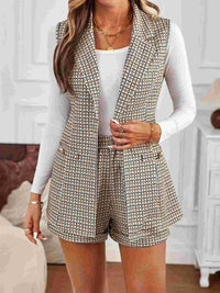 Hazel Blues® |  Tied Plaid Collared Neck Vest and Shorts Set