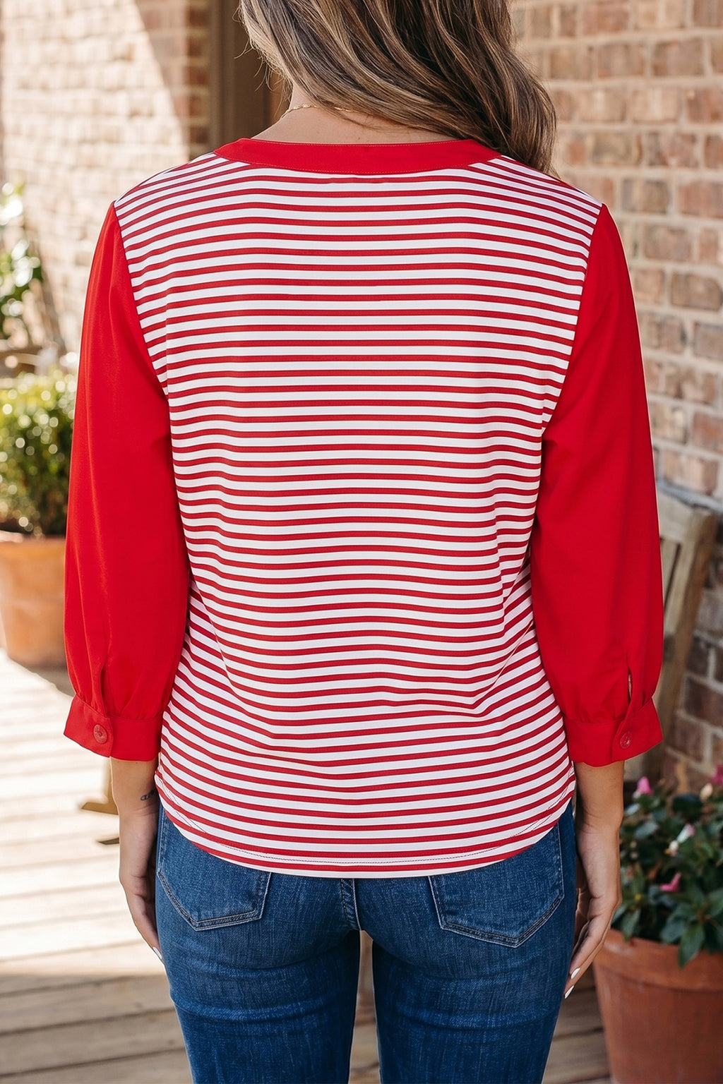 Red Stripe Half Placket V Neck Contrast 3/4 Sleeve Patchwork Top