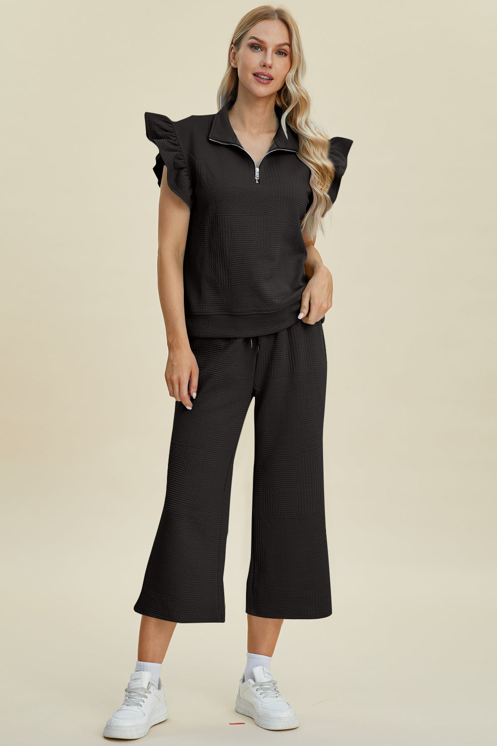 Hazel Blues® |  Double Take Texture Ruffle Short Sleeve Top and Wide Leg Pants Set