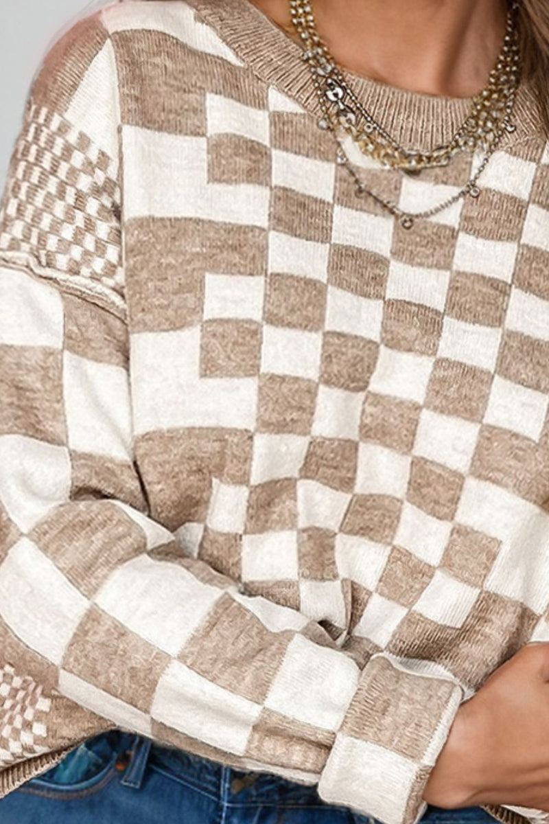 Hazel Blues® |  Checkered Round Neck Long Sleeve Sweater