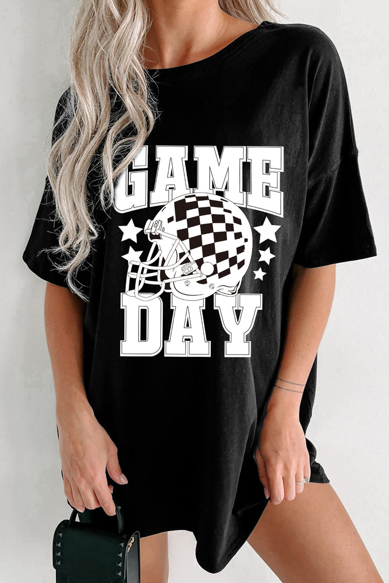 Hazel Blues® |  Black GAME DAY Checkerboard Football Helmet T Shirt