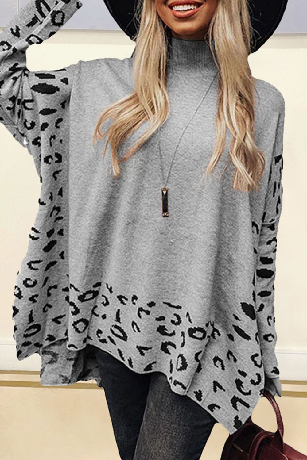 Hazel Blues® |  Slit Leopard Mock Neck Dropped Shoulder Sweater