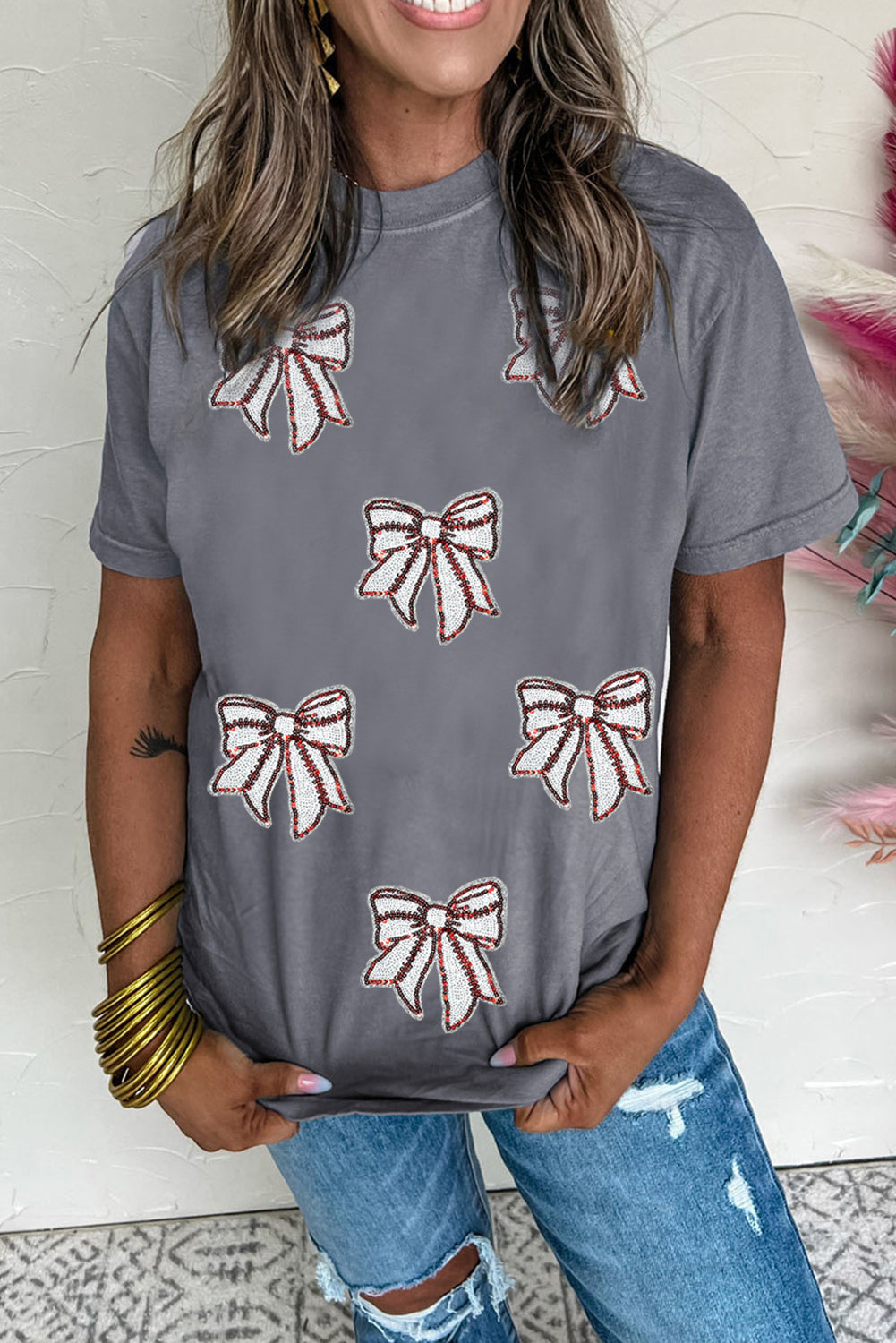 Hazel Blues® |  Gray Sequin Bow Baseball Fashion Graphic Tee
