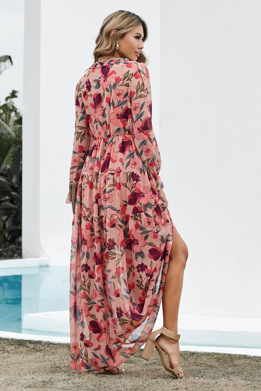 Women's Floral Maxi Dress - Summer Ruffle Sleeve Smocked Tiered Dress, Casual Beach Wedding Guest Outfit - View #9