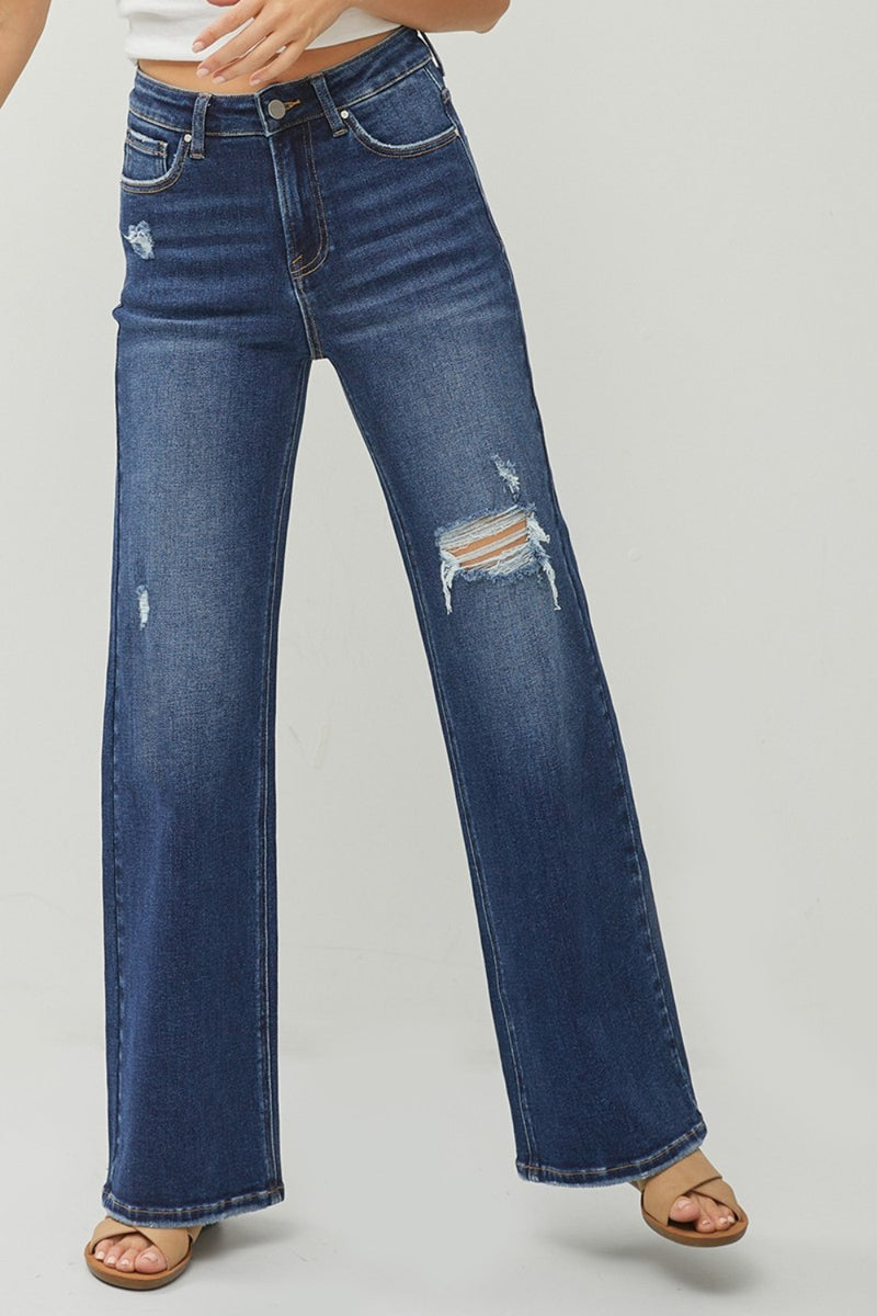 Hazel Blues® |  RISEN High Rise Distressed Wide Leg Jeans