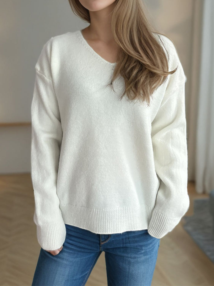 Hazel Blues® |  V-Neck Dropped Shoulder Long Sleeve Sweater