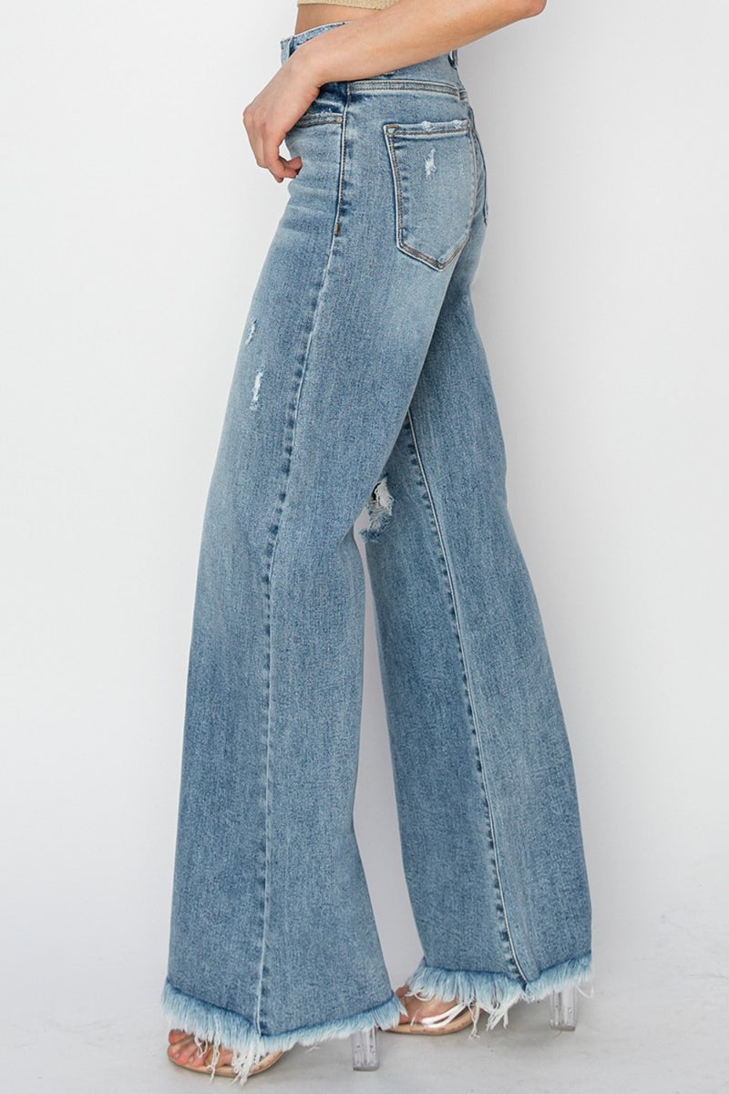 Hazel Blues® |  RISEN Mid Rise Button Fly Wide Leg Jeans