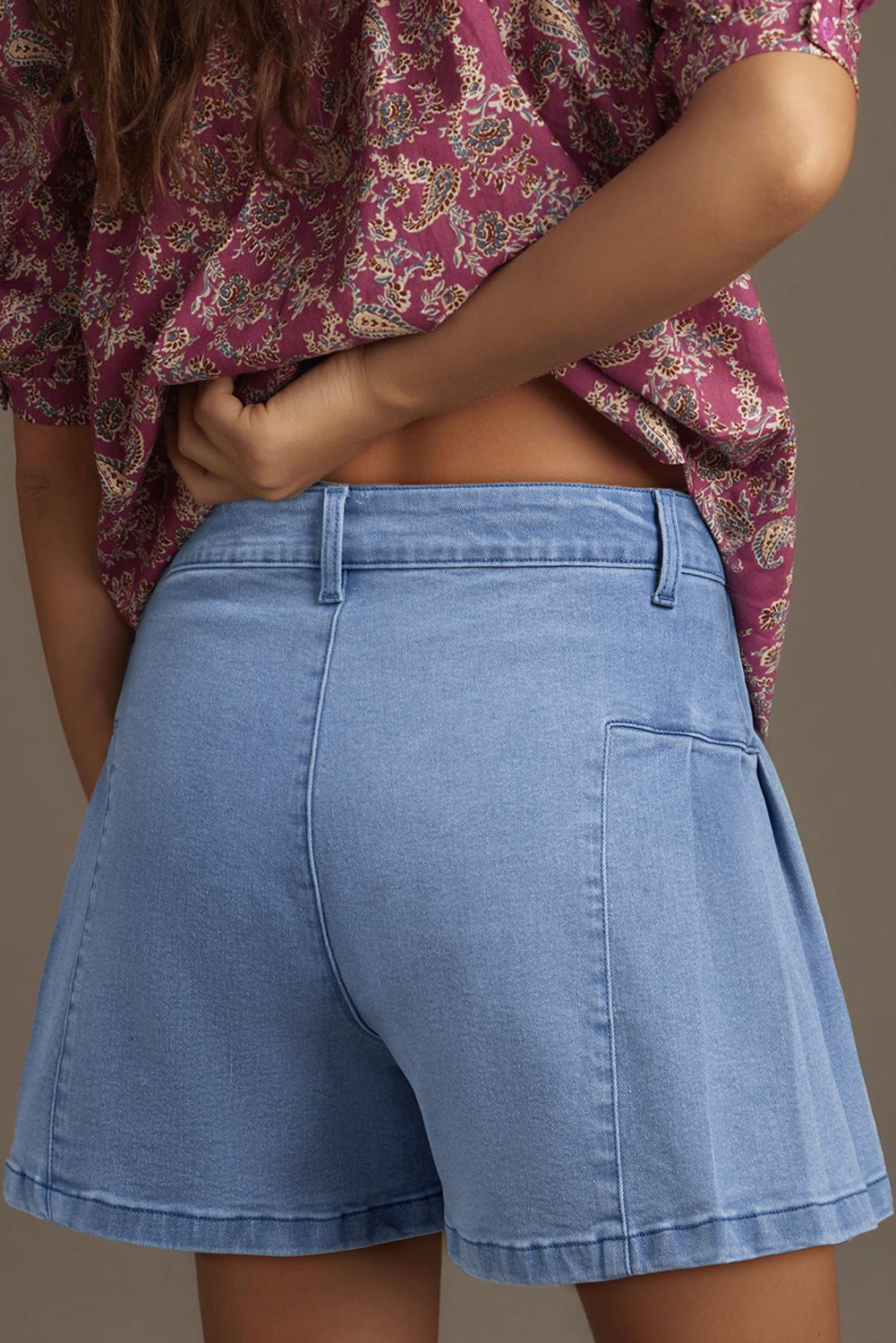 Pleated Patchwork Wide Leg Lightweight Denim Shorts | Denim Patchwork Wide Leg Shorts