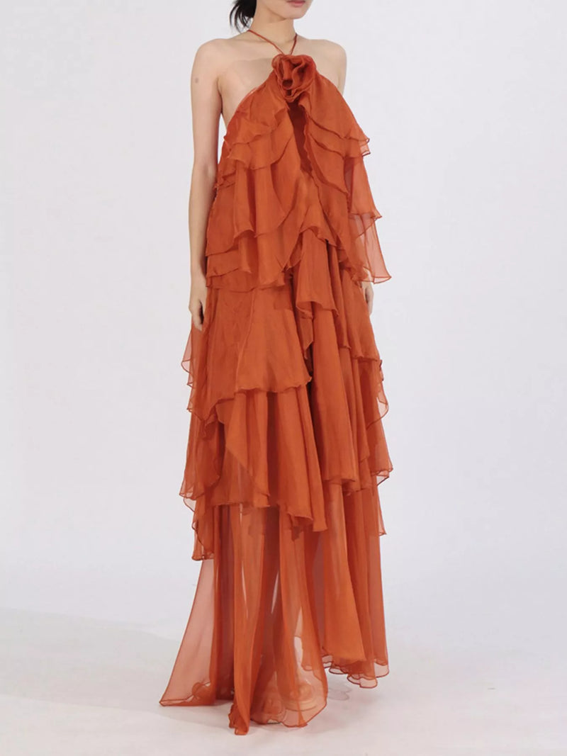 Hazel Blues | Ruffled Chiffon Halter Neck Maxi Dress Hazel Blues | Ruffled Chiffon Halter Neck Maxi Dress