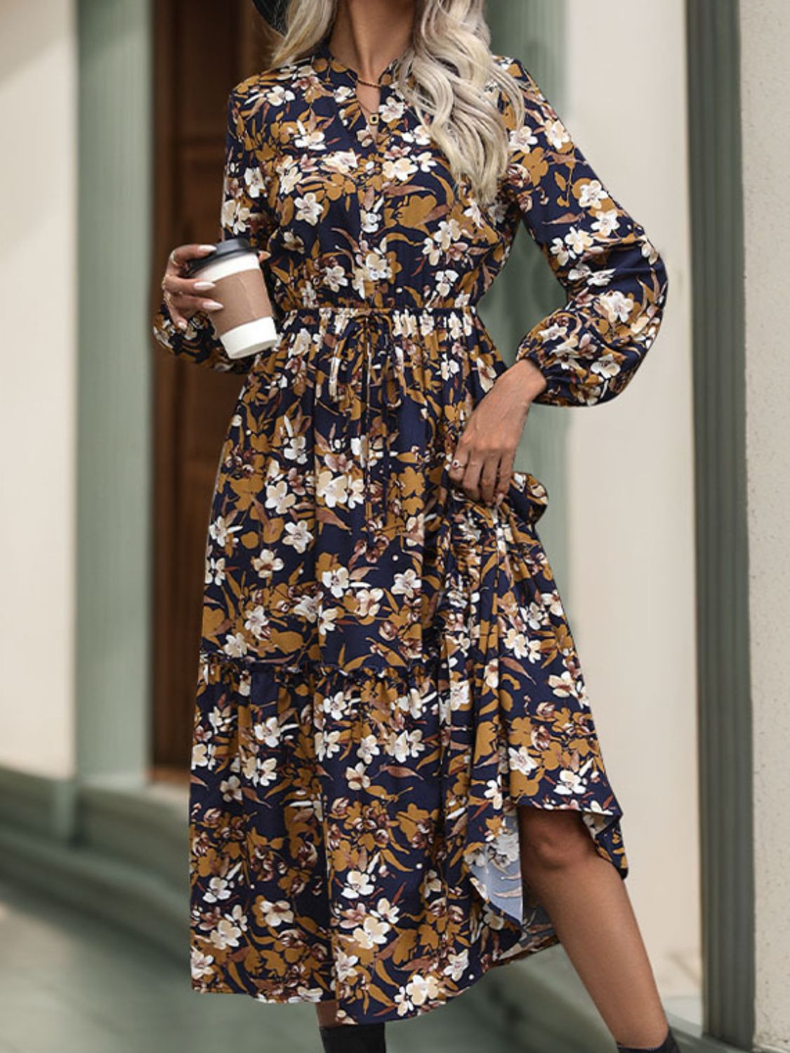 Hazel Blues® |  Perfee Printed Notched Long Sleeve Midi Dress