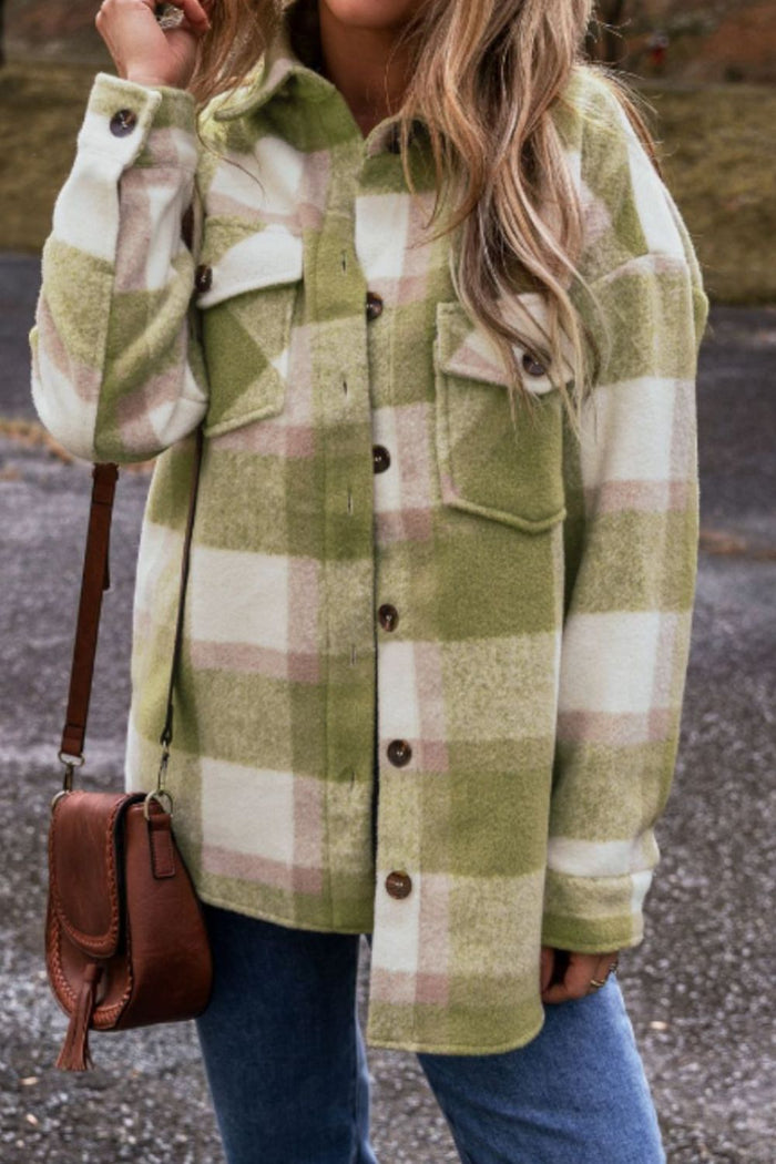 Hazel Blues® |  Pocketed Plaid Collared Neck Shacket