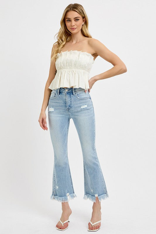 Hazel Blues® | RISEN Raw Hem Distressed Cropped Flare Jeans