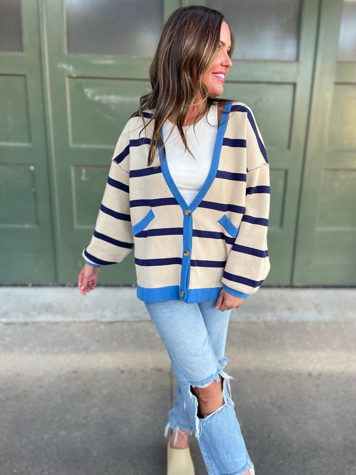 Hazel Blues® |  Contrast Trim Cardigan in Navy Stripe