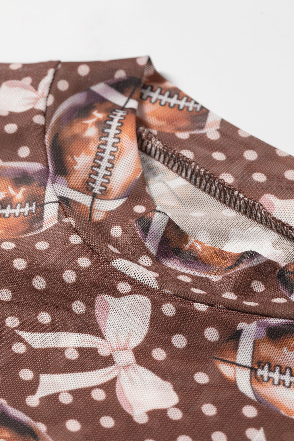 Brown Polka-Dot Bow Printed Game Day Vibes Mesh Long-Sleeve Top