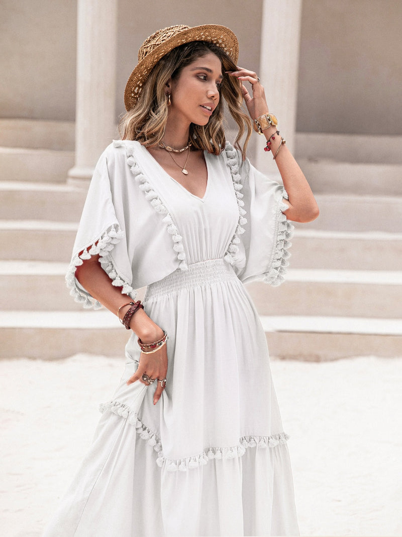 Hazel Blues® |  Tassel Trim Smocked V-Neck Short Sleeve Dress