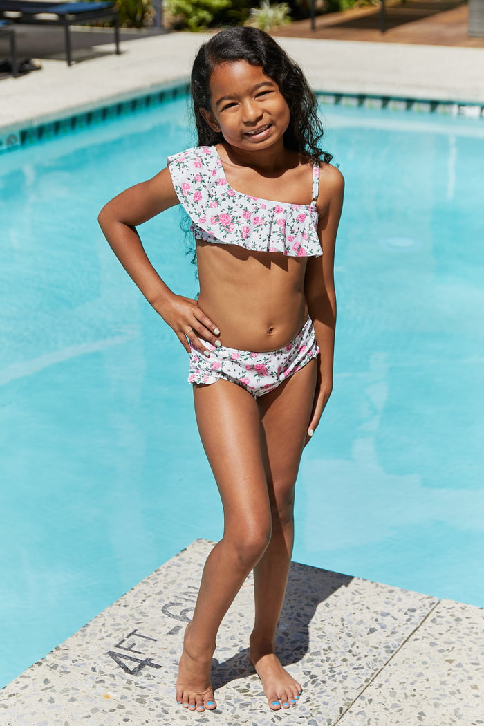 Hazel Blues® | Float On Ruffle Two-Piece Swim Set in Roses Off-White: Youth