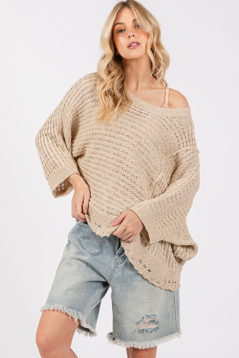 Hazel Blues® |  SAGE + FIG Distressed Asymmetrical Open Stitch Sweater