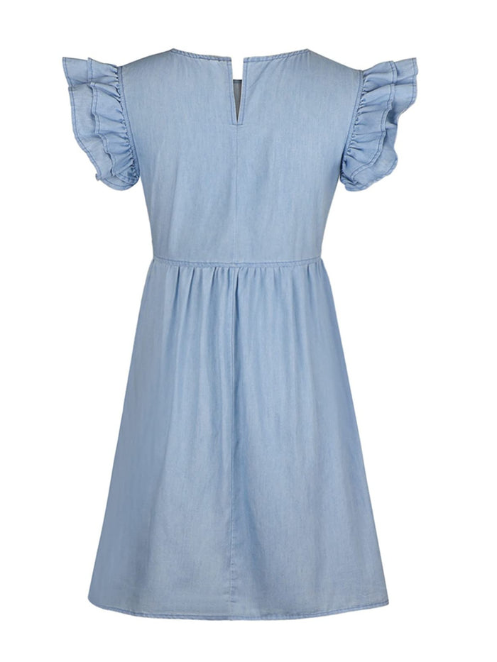 Hazel Blues® |  Ruffled Round Neck Cap Sleeve Denim Dress