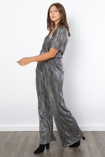 Hazel Blues® |  Be Stage Surplice Short Sleeve Pleated Foil Jumpsuit