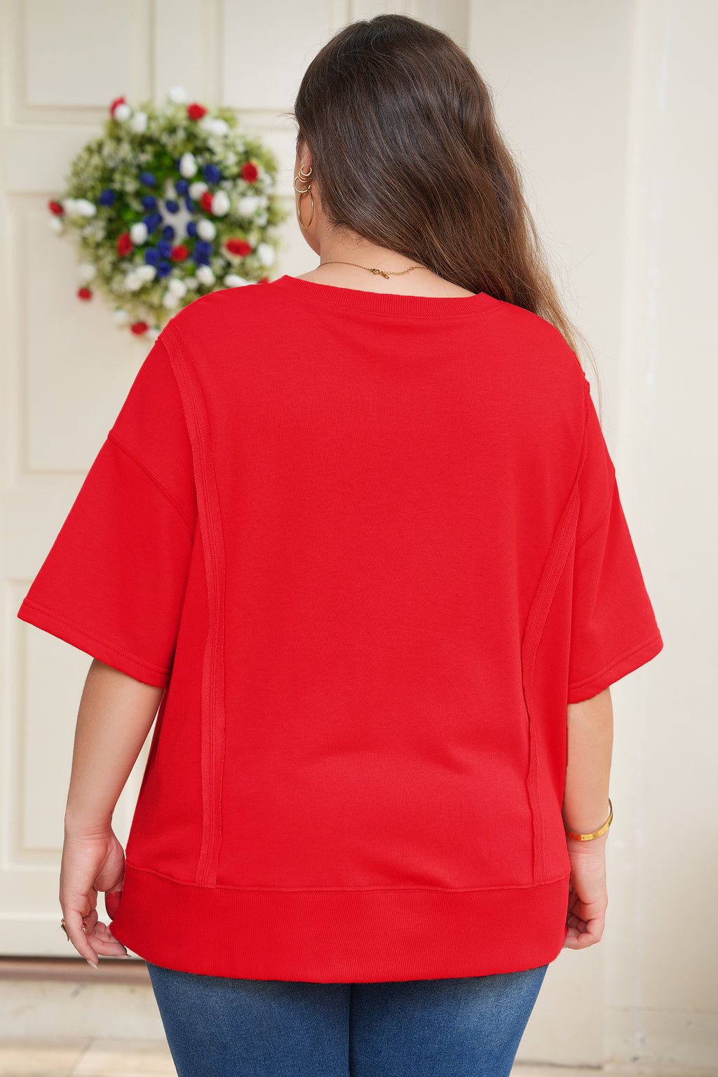 Notched Neck Seam Detail Patchwork Short Sleeve Top