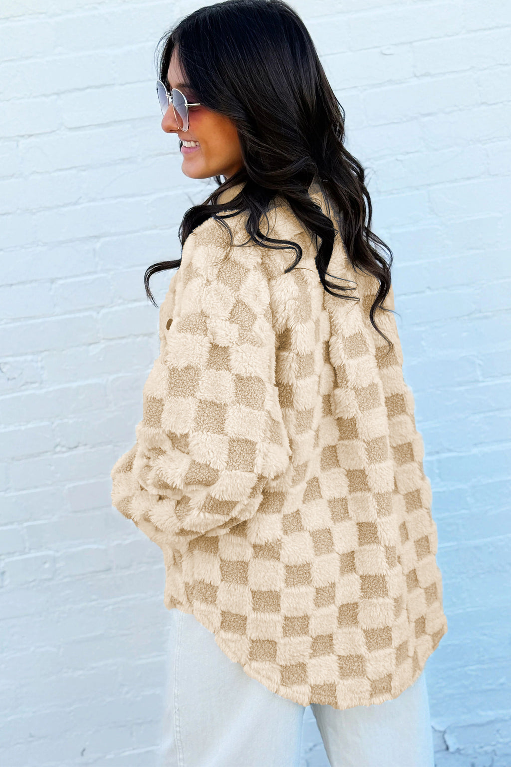 Everly Lou Khaki Plush Checkered Corduroy Trim Metal Button Long-Sleeve Shift Silhouette Shacket