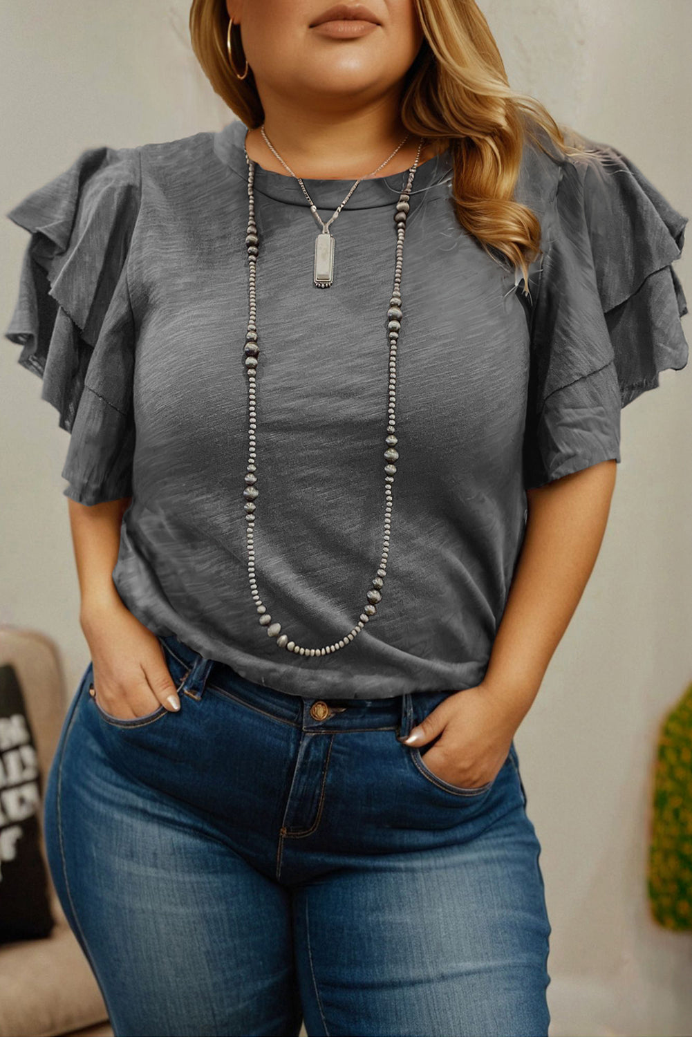 Hazel Blues® | Dark Grey Double Ruffled Short Sleeve Top