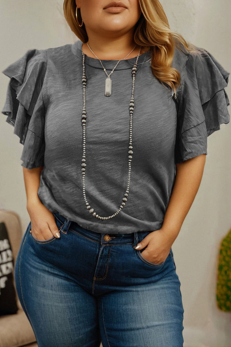 Hazel Blues® | Dark Grey Double Ruffled Short Sleeve Top