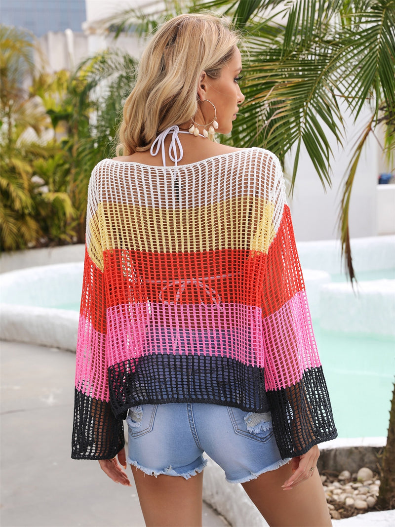 Hazel Blues® |  Color Block Openwork Boat Neck Cover Up